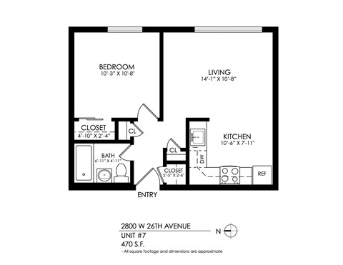 Floor plan for 1 bed, 1 bath, 485 sqft